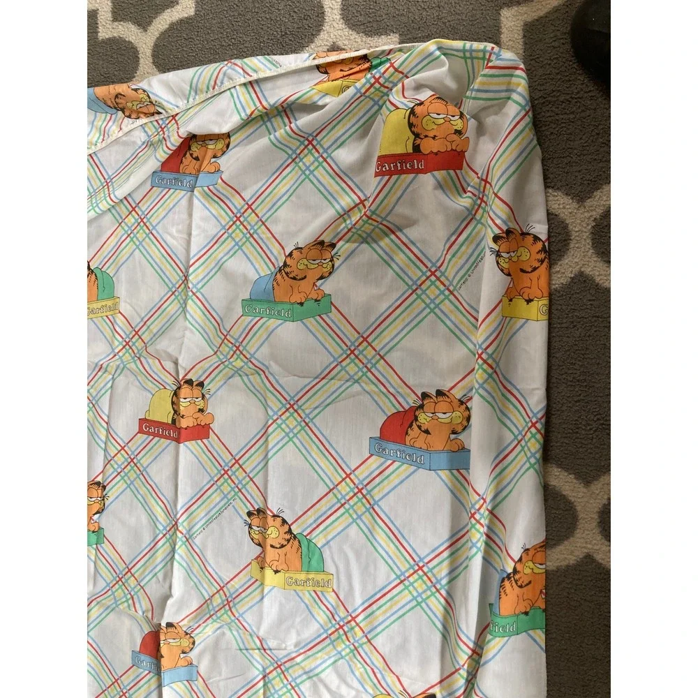 Vintage Garfield Cat Twin Flat Sheet Marlborough Rainbow Plaid Stripe USA Read‎
